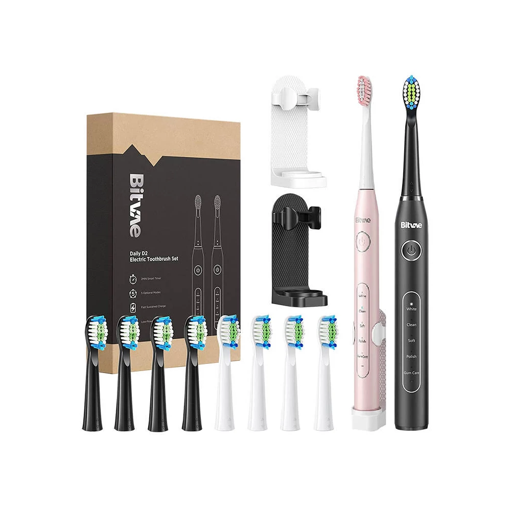 Sonic toothbrushes with tips set and 2 toothbrush holders Bitvae D2+D2 (pink and black)