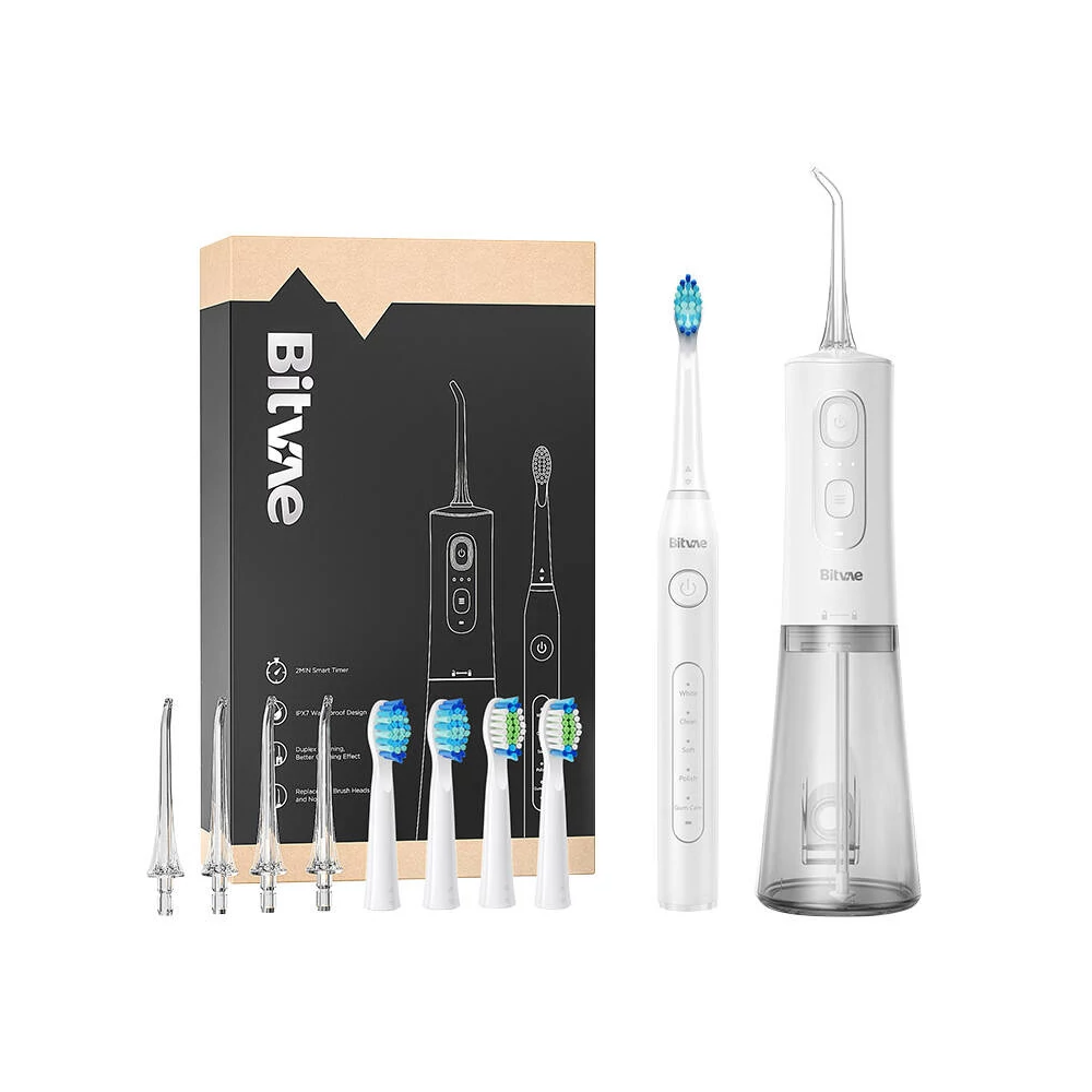 Sonic toothbrush with tips set and water flosser Bitvae D2+C2 (white)