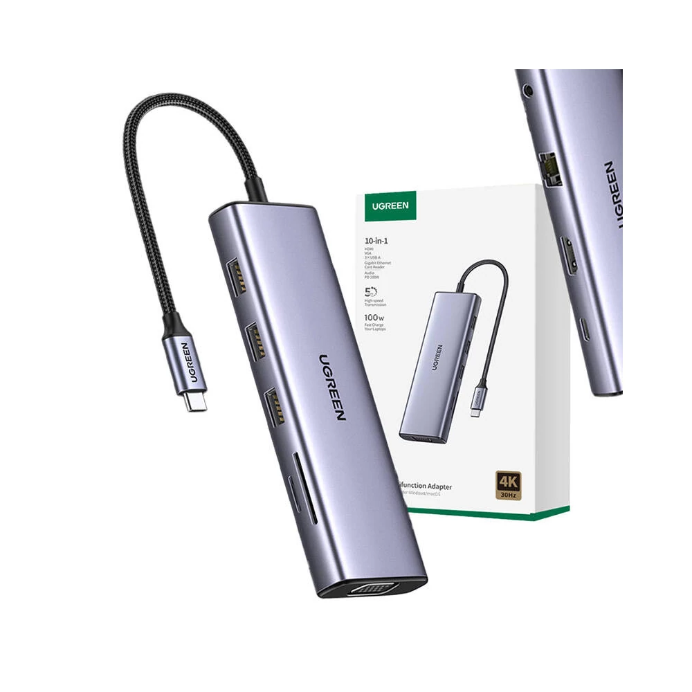 UGREEN Revodok CM498 10 az 1-ben adapter USB-C - 3x USB-A 3.0, HDMI, VGA, RJ45, SD/TF, AUX3,5 mm, PD