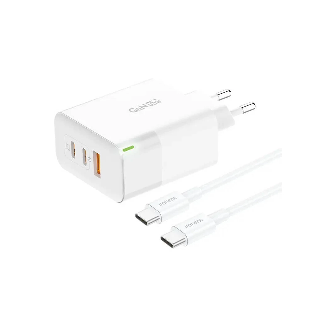 Foneng GAN65 USB-A, 2x USB-C GaN 65W töltő USB-C kábellel