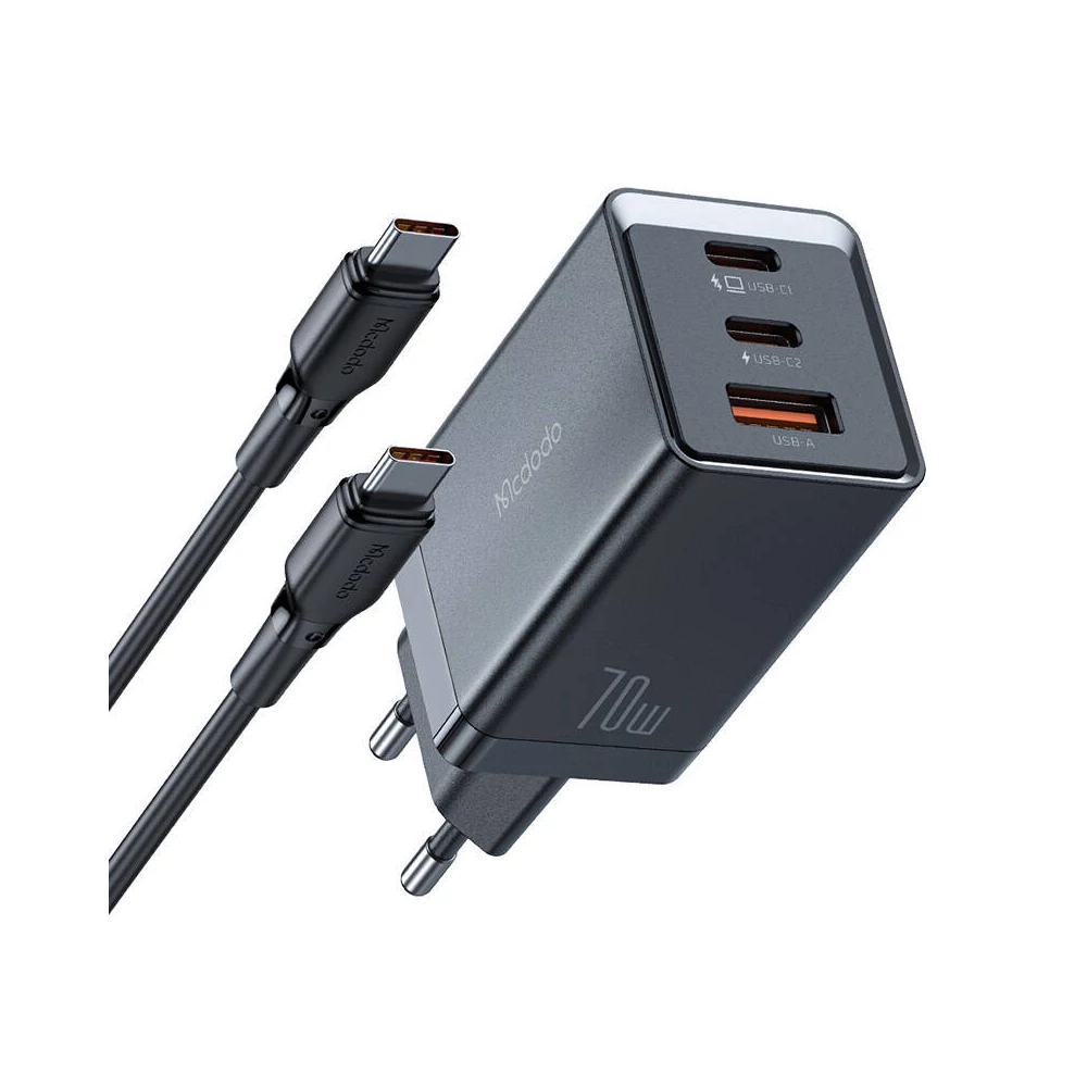 GaN Mcdodo CH-1543 network charger, 2x USB-C, 1x USB, 67W + USB-C to USB-C 2m cable (black)