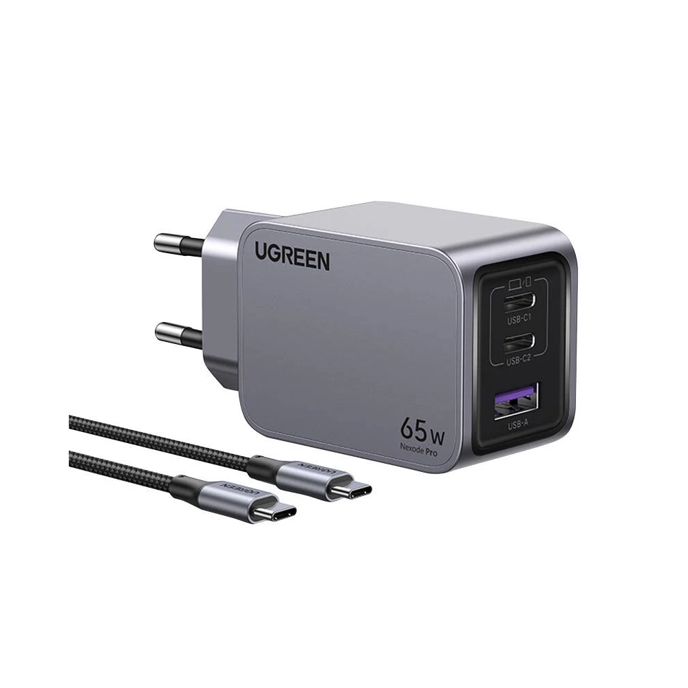 UGREEN Nexode Pro fali töltő, USB + 2x USB-C, 65W + USB-C kábel, 1.5m (fekete)