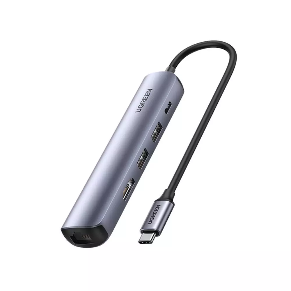 Hub / Adapter Ugreen Revodok CM418 USB-C to 2x USB, HDMI 4K 30 Hz, RJ45 1Gbps, PD 100W (gray)