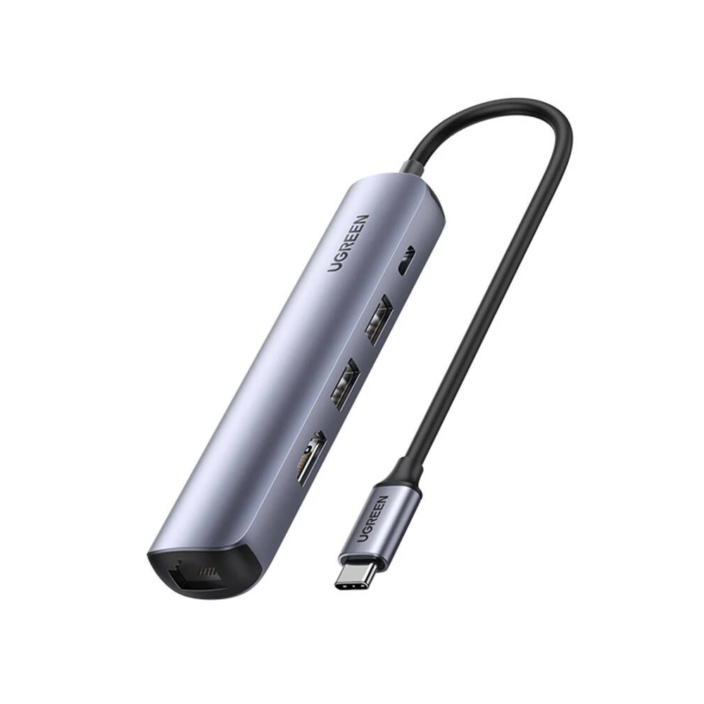 UGREEN CM418 hub/adapter, USB-C, 2x USB, HDMI 4K 30Hz, RJ45 1Gbps, PD 100W (szürke)