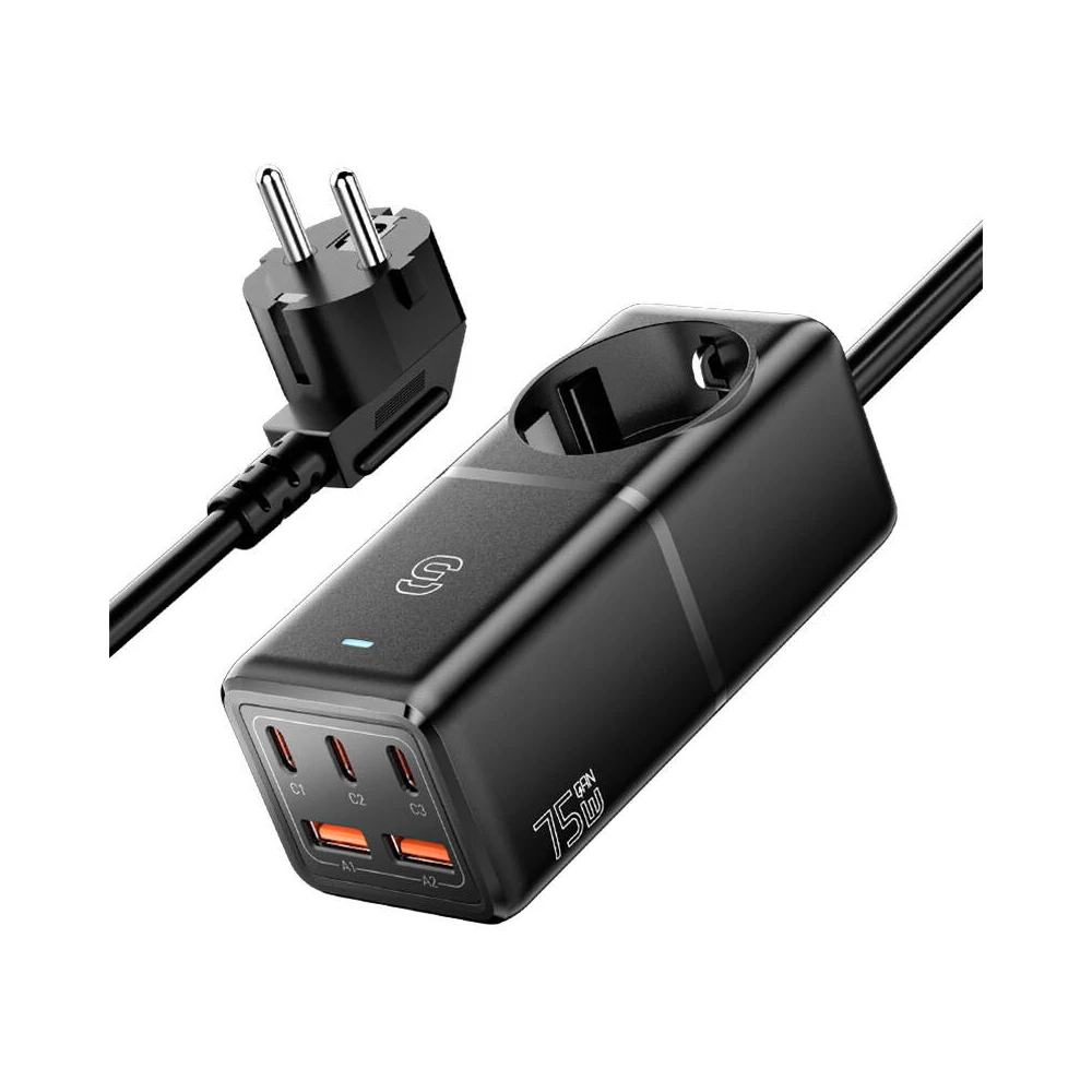 Essager ECTAC-BRB01-Z GaN, 3xUSB-C, 2xUSB-A, 75W fali töltő (fekete)