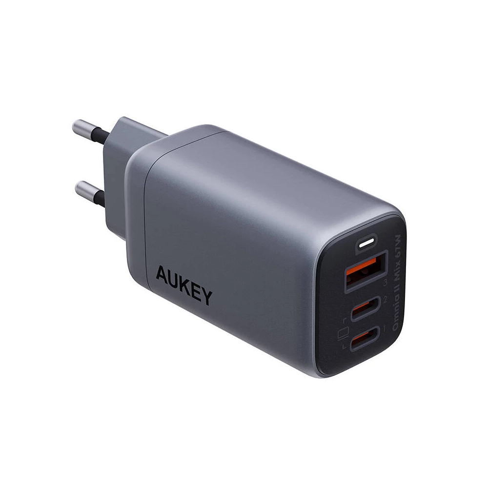 Wall charger Aukey PA-B6U, 1xUSB-A, 2xUSB-C, 67W (gray)