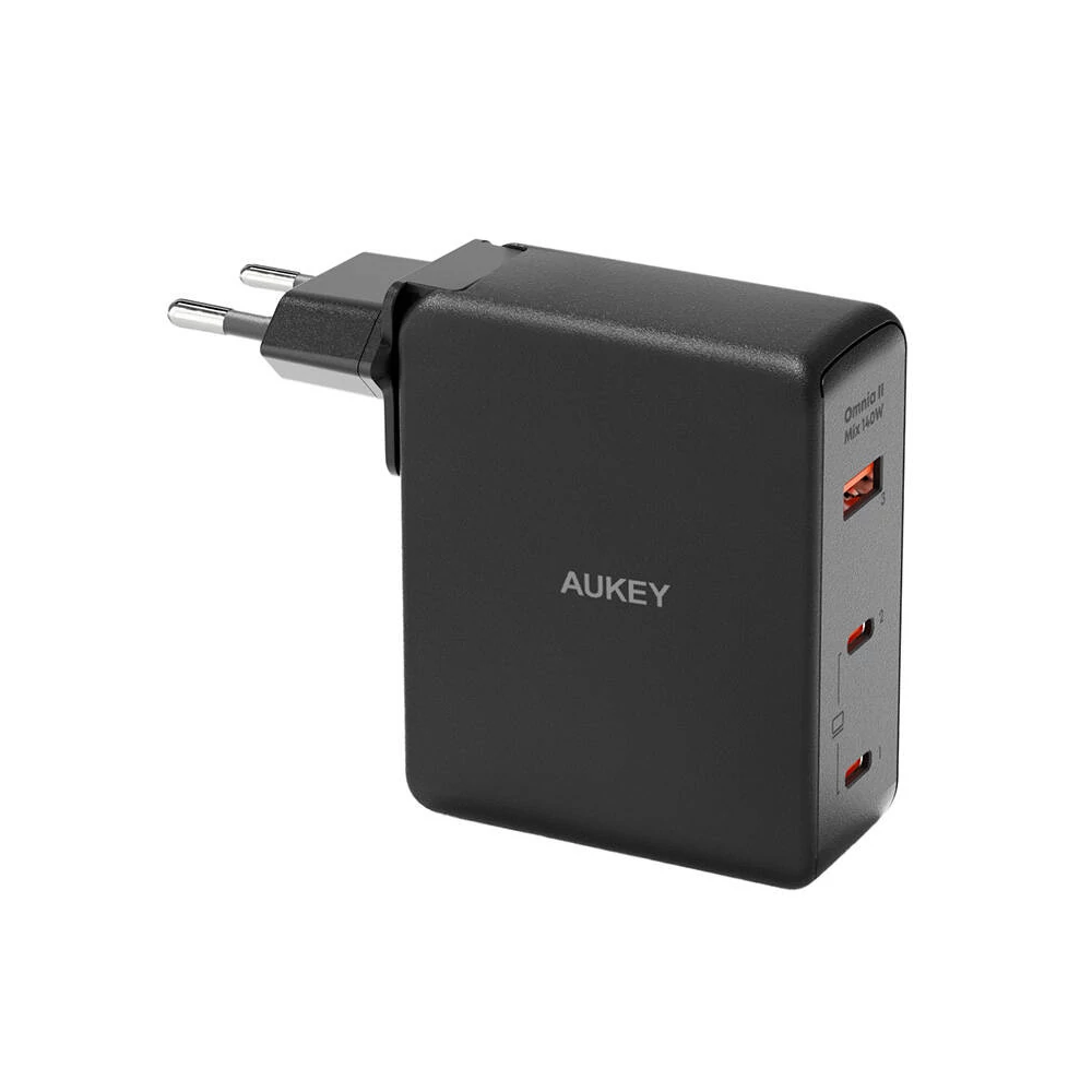 Wall charger Aukey PA-B7O, 1xUSB-A, 2xUSB-C, 140W GaN (black)