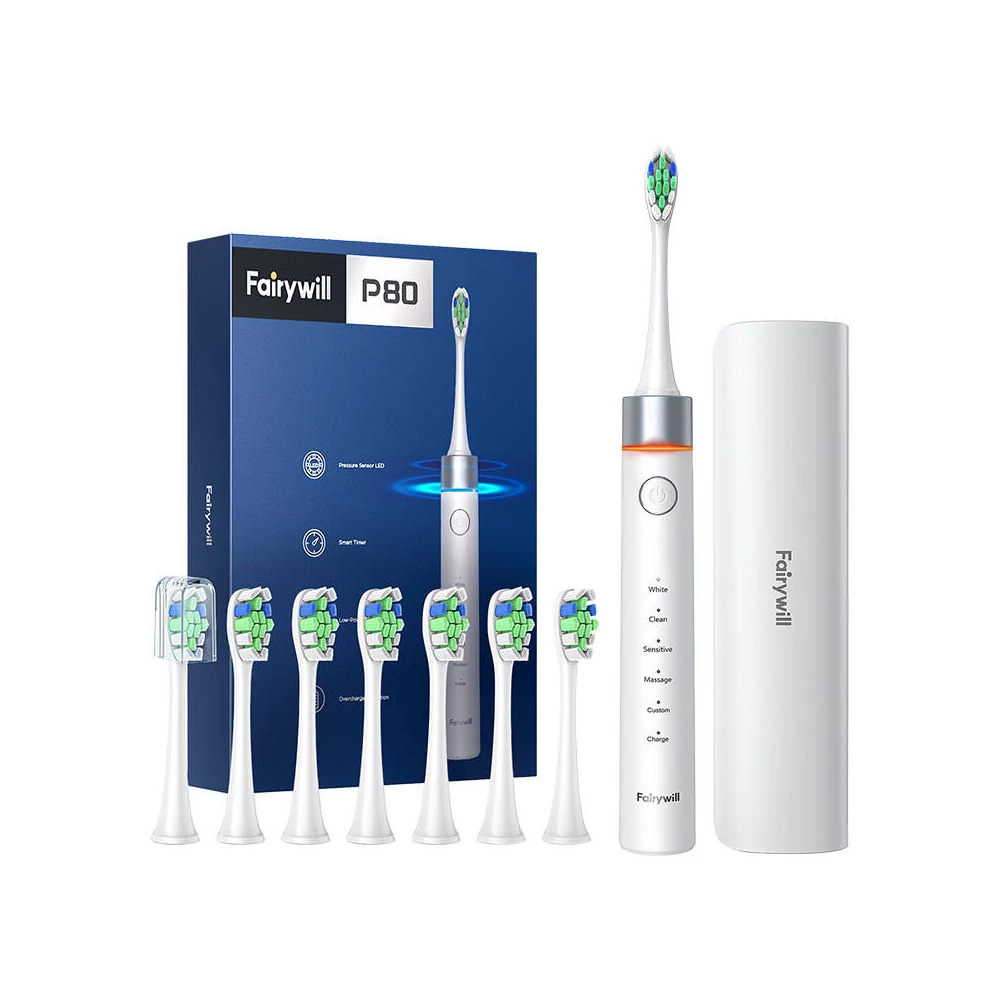 FairyWill FW-P80 sonic toothbrush with tip set and case (White)