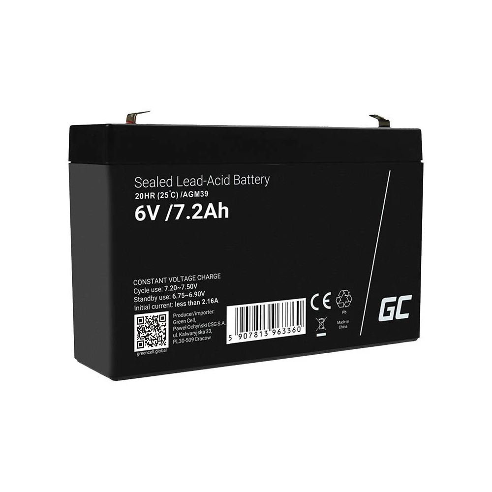 Maintenance-free AGM VRLA Battery Green Cell AGM39 6V 7.2Ah (for alarm system, cash register, toy)