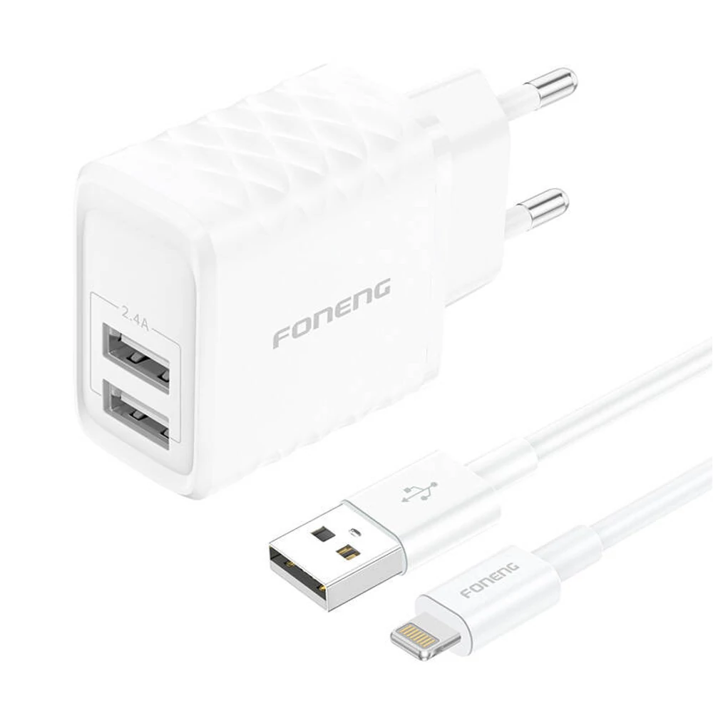 Foneng EU53 2xUSB-A, 2.4A hálózati töltő + USB-A-Lightning kábel (fehér)