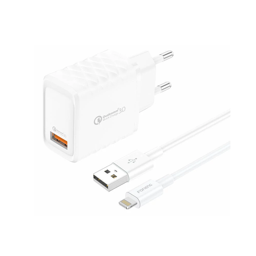 Foneng EU54 USB-A, 3A hálózati töltő + USB-A-Lightning kábel (fehér)