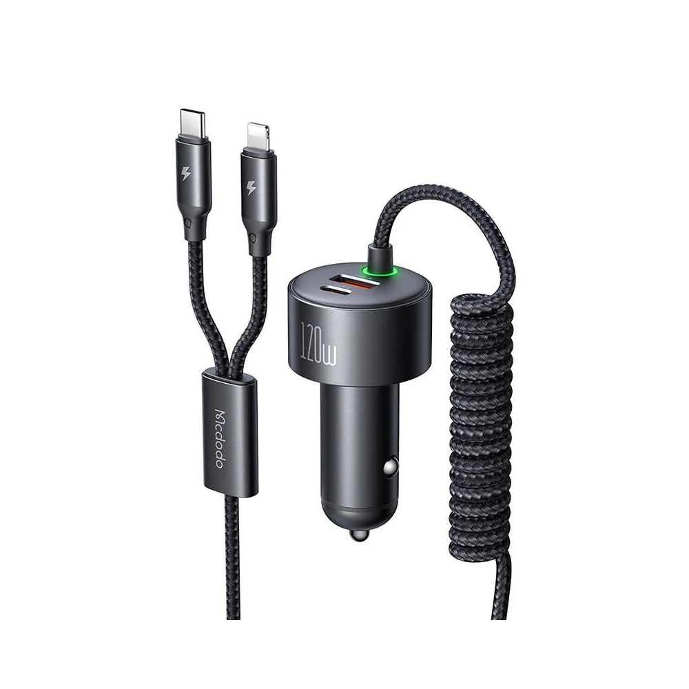Mcdodo CC-0370 autós töltő, USB-C, Lightning, 120W, visszahúzható kábelek