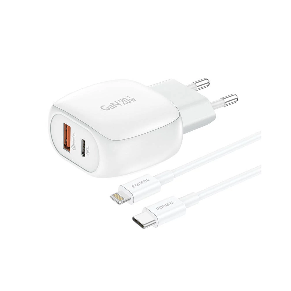 Foneng EU41 USB-C+USB-A 20W-os hálózati töltő + USB-C-Lightning kábel (fehér)