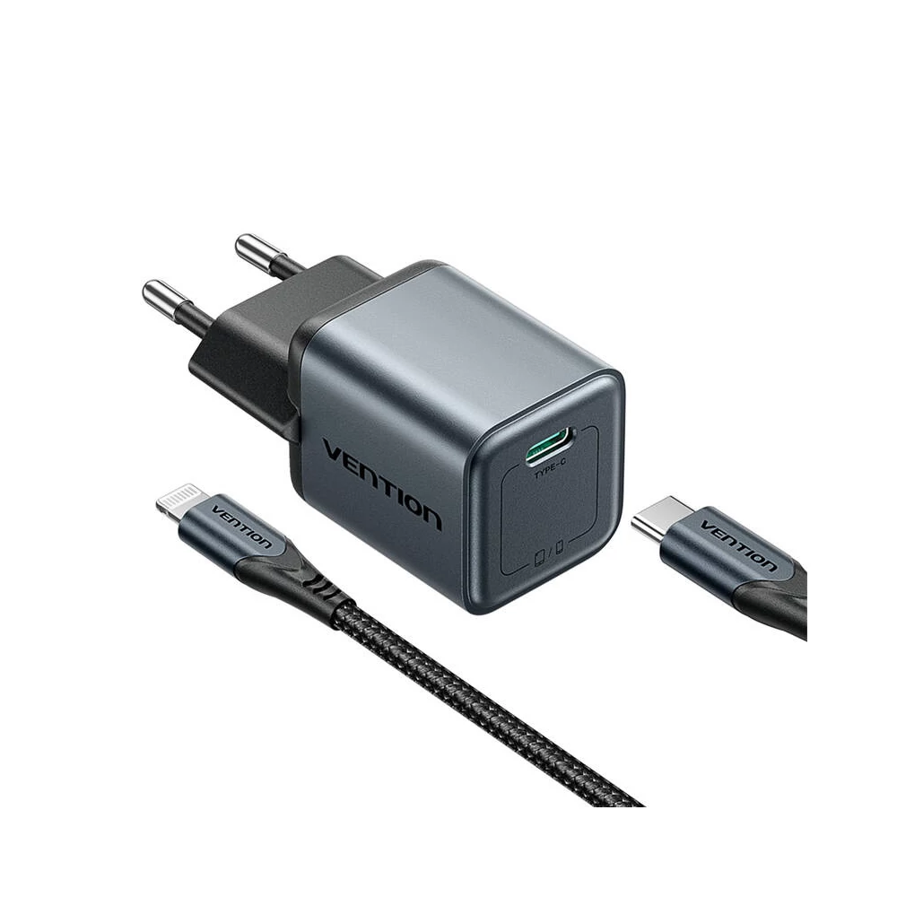 GaN Vention USB-C 20W töltő + USB-C-L 1m kábel (szürke)