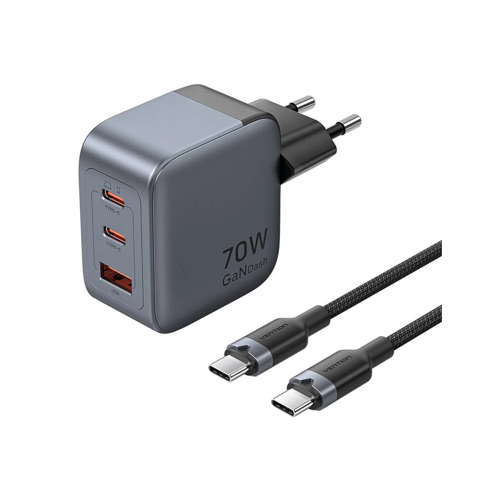 GaN Vention USB-C+C+A 70W töltő + USB-C-C kábel 1m (szürke)