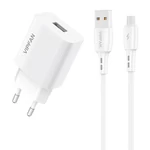 Kép 1/6 - VFAN E01 hálózati töltő, 1x USB, 2,4A + Micro USB kábel (fehér)