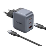 Kép 2/3 - GaN Vention USB-C+C+A 70W töltő + USB-C-C kábel 1m (szürke)