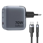 Kép 3/3 - GaN Vention USB-C+C+A 70W töltő + USB-C-C kábel 1m (szürke)