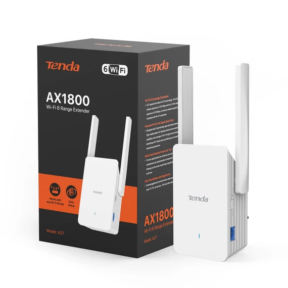 Tenda Range Extender WiFi AX1800 - A27 (1201Mbps 5GHz + 574Mbps 2,4GHz; 1port 1Gbps; 2x5dBi antenna)