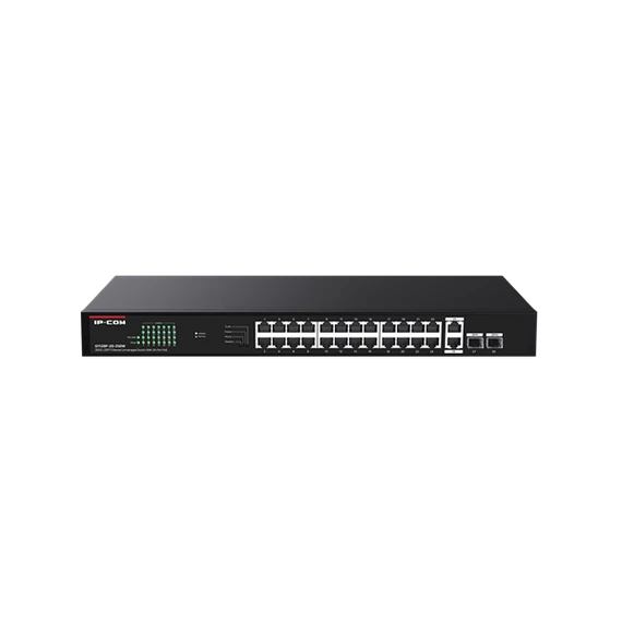 IP-COM Switch PoE - G1128P-24-250W (24x1Gbps; 2x1Gbps uplink; 2x SFP; 24 af/at PoE+ port; 230W, Rackbe szerelhető)