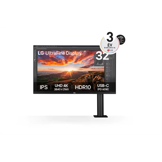 LG Monitor 32" Ergonomic - 32UN880K-B (IPS; 16:9; 4K 3840x2160; 5ms; 350cd; HDMIx2; DP; USB-C; Hangszóró, Pivot)