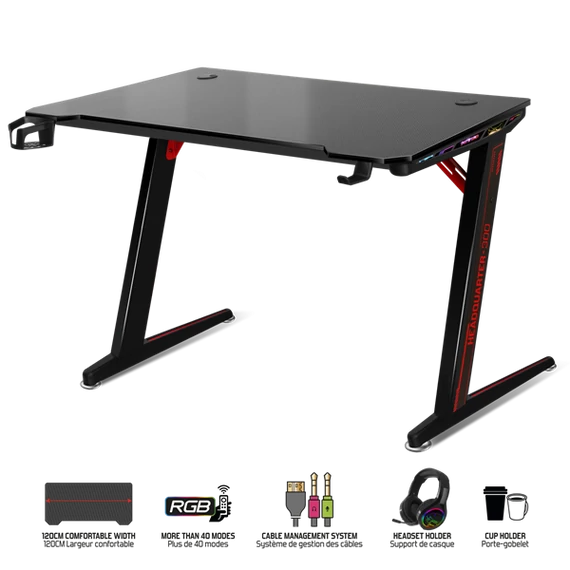 Spirit of Gamer Gamer Asztal - Headquarter 300 (MDF lap, fém lábak, fekete, RGB LED háttérvilágítás, 120 x 60 x 1,8 cm)