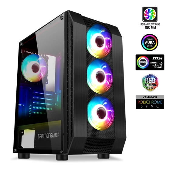 Spirit of Gamer Számítógépház - Rogue VI RGB (fekete, ablakos, 8x12cm ventilátor, alsó táp,  ATX, 1xUSB3.0, 2xUSB2.0)