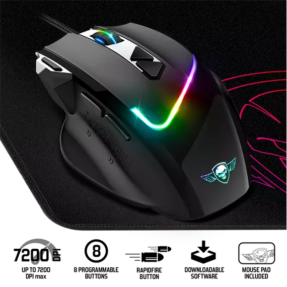 Spirit of Gamer Egér - PRO-M3 RGB (Optikai, 7200DPI, 8 gomb, harisnyázott kábel, fekete) + egérpad