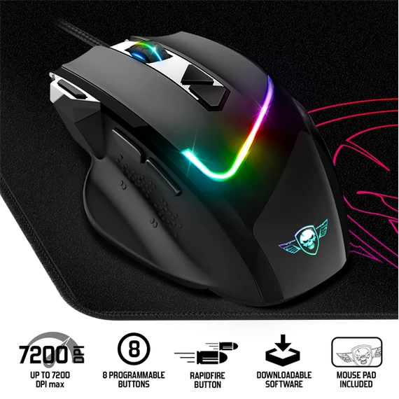 Spirit of Gamer Egér - PRO-M3 RGB (Optikai, 7200DPI, 8 gomb, harisnyázott kábel, fekete) + egérpad