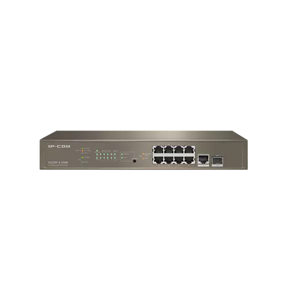 IP-COM Switch Vezérelhető PoE - G5310P-8-150W (L3; 9x1Gbps + 1xSFP port; 8 af/at PoE+ port; 130W; rack-mount)