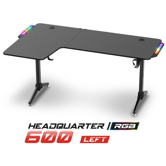 Spirit of Gamer Gamer Asztal - Headquarter 600 L (MDF lap, fém lábak, fekete, RGB LED háttérvilágítás, 140 x 60 x 75cm)