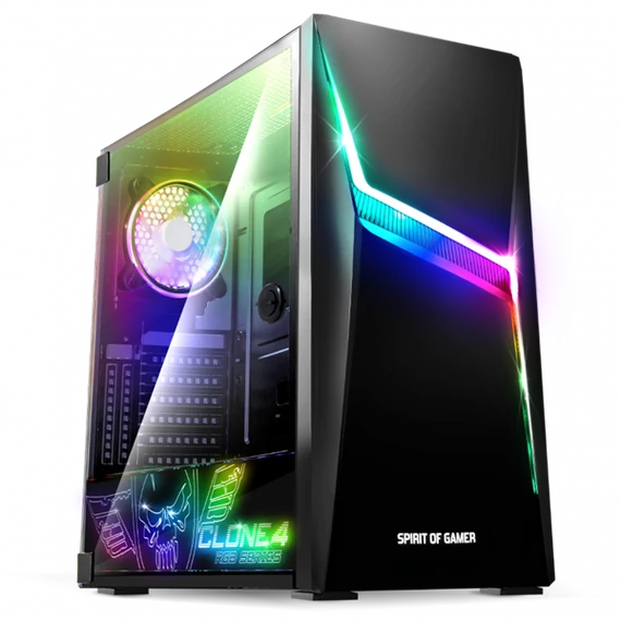 Spirit of Gamer Számítógépház - CLONE 4 Black (fekete, ablakos, 8x12cm ventilátor, alsó táp,  ATX, 1xUSB3.0, 2xUSB2.0)