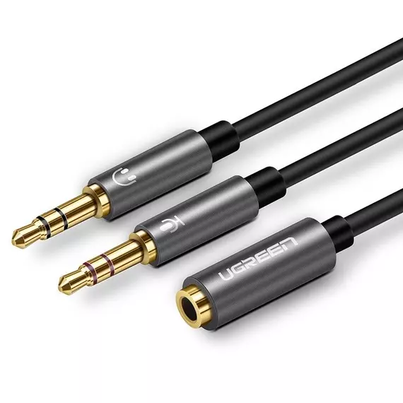 UGREEN AUX audio splitter fülhallgató + mikrofon 3,5 mm-es mini jack kábel, 28 cm (fekete-szürke)