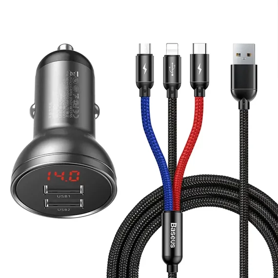 Baseus autós töltő 24 W-os kijelzővel + 3 az 1-ben Baseus három színű 1,2 m-es USB kábel