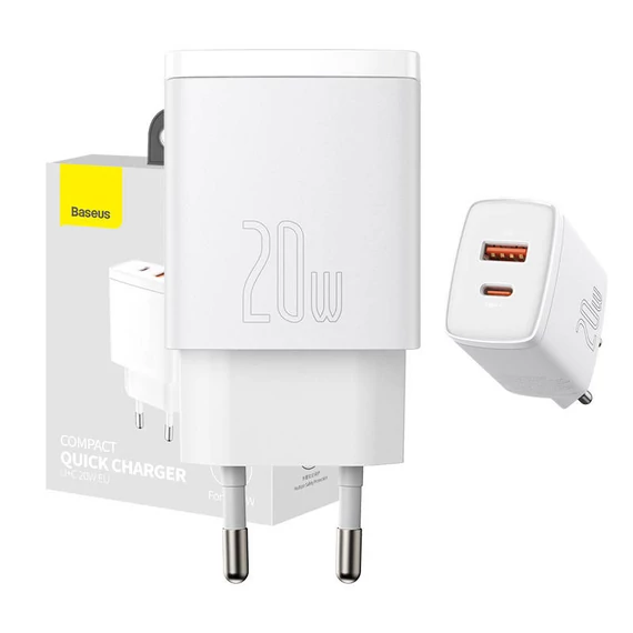 Baseus kompakt gyorstöltő, USB, USB-C, 20 W (fehér)