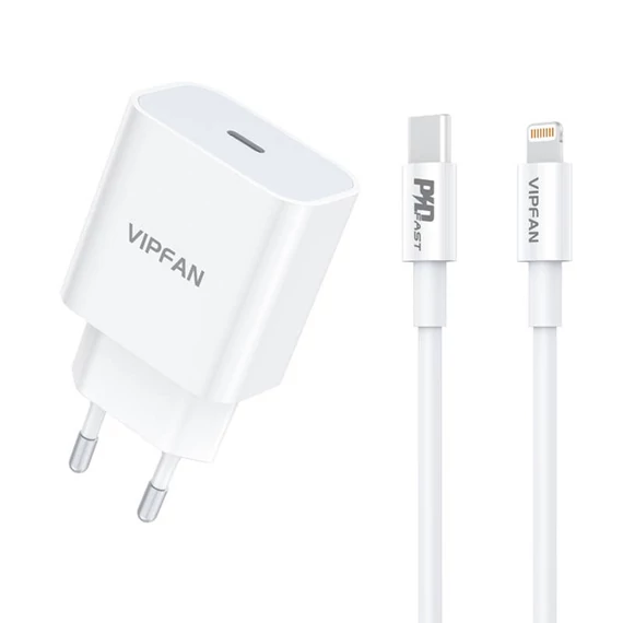 VFAN E04 fali töltő, USB-C, 20W, QC 3.0 + Lightning kábel (fehér)