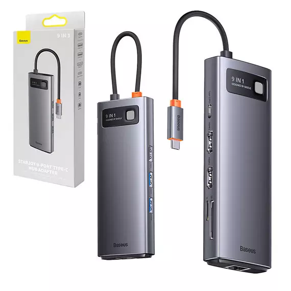 Baseus Metal Gleam Series 9 az 1-ben hub, USB-C - 2x USB 3.0 + 2x HDMI + USB 2.0 + USB-C PD + Ethernet RJ45 + microSD/SD