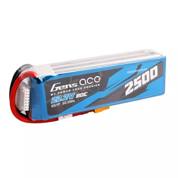 Gens ace 2500mAh 22.2V 80C 6S1P Lipo Battery Pack with XT60 plug
