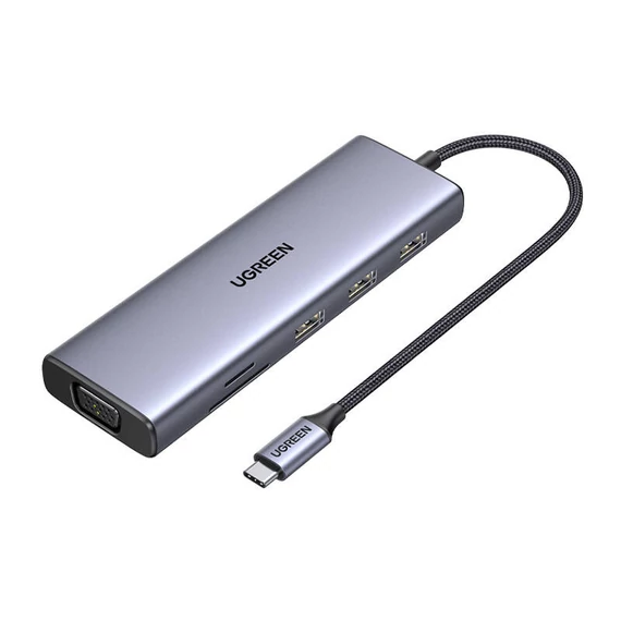 UGREEN CM498 hub, USB-C, 3x USB 3.0, HDMI 4k 30Hz, VGA, RJ45, SD/TF, PD 100W (szürke)