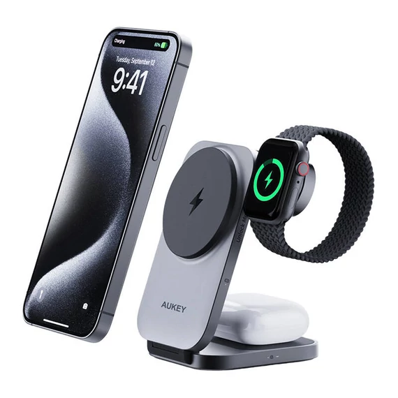 Aukey LC-MC312 MagFusion 3 az 1-ben mágneses töltő, 15W, Qi2 (szürke)