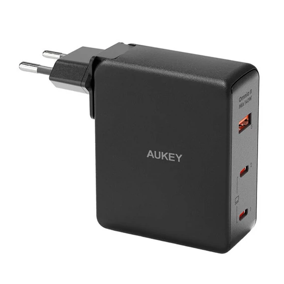 Aukey PA-B7O 1xUSB-A, 2xUSB-C, 140W GaN fali töltő (fekete)