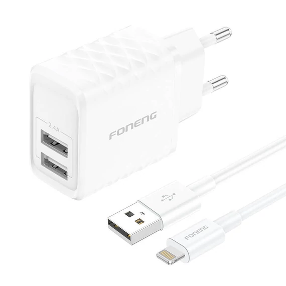 Foneng EU53 2xUSB-A, 2.4A hálózati töltő + USB-A-Lightning kábel (fehér)