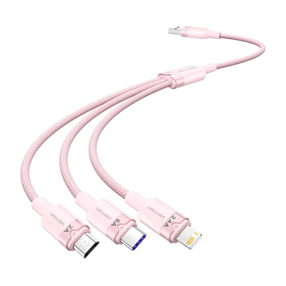 USB 2.0 A és 3 az 1-ben 6A kábel Vention CTRPG 1.5M (rózsaszín)