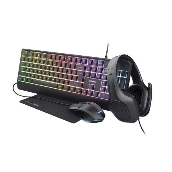 Trust Bundle - GXT792 Quadrox 4-in-1 Gaming Bundle (Billentyűzet magyar + Zirox fejhallgató + Felox egér + Egérpad)