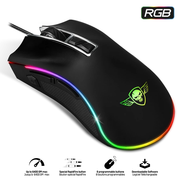 Spirit of Gamer Egér - PRO-M6 RGB (4800DPI, 500Hz, 8 programozható gomb, RGB LED, 1,8 m harisnyázott kábel, fekete)