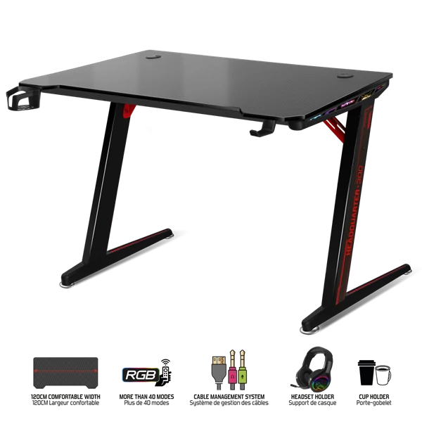 Spirit of Gamer Gamer Asztal - Headquarter 300 (MDF lap, fém lábak, fekete, RGB LED háttérvilágítás, 120 x 60 x 1,8 cm)