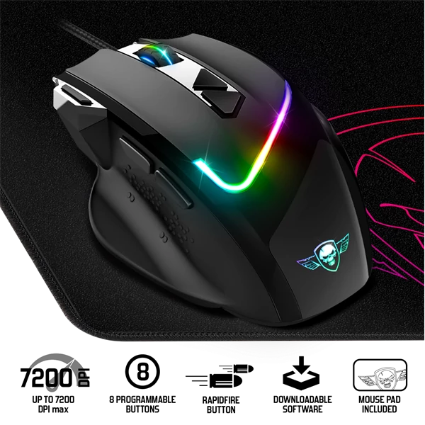 Spirit of Gamer Egér - PRO-M3 RGB (Optikai, 7200DPI, 8 gomb, harisnyázott kábel, fekete) + egérpad