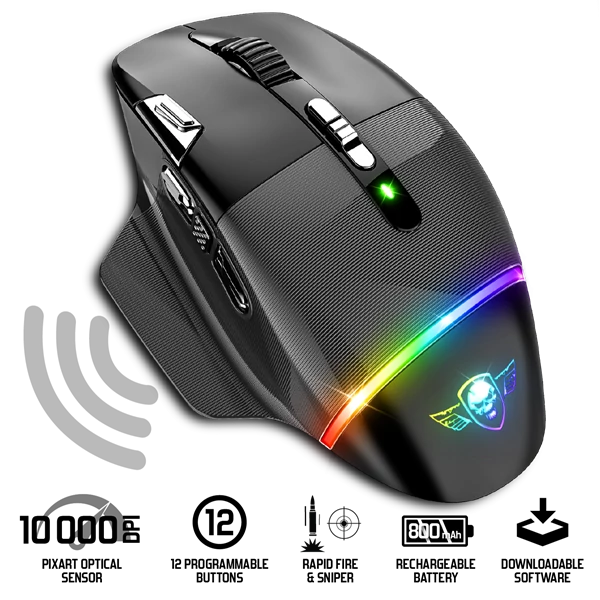 Spirit of Gamer XPERT-M800 Vezeték nélküli GAMER Egér (Optikai, 10 000 DPI, 12 programozható gomb, 10 méteres hatótávolság, Fekete)