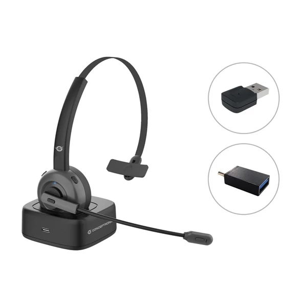 Conceptronic POLONA03BDA Vezeték nélküli Fejhallgató Hangerőszabályzóval, Felhajtható Mikrofonnal és USB Adapterrel (Fekete)