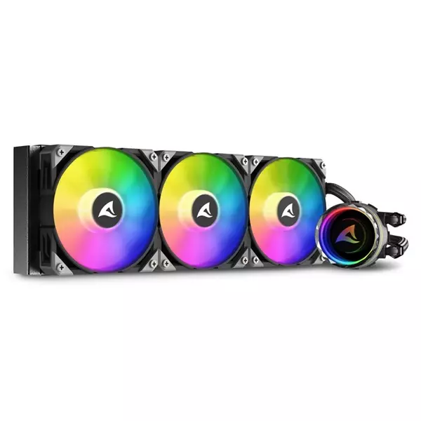 Sharkoon CPU vízhűtő - S90 RGB AIO 360 mm (max. 35 dB (A); max. 131.93 m3/h; 3x12cm, A-RGB LED, fekete)